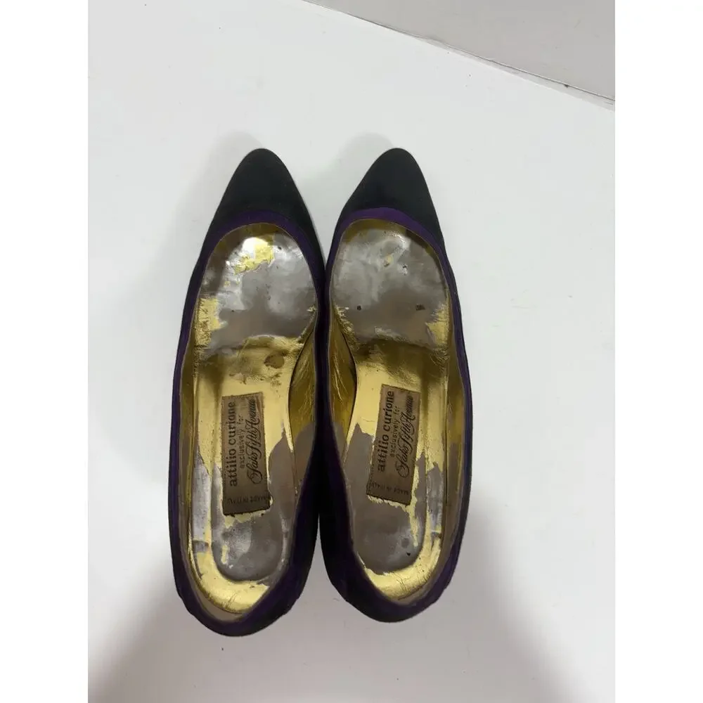 Vintage Saks Fifth Avenue Attilio‎ Curione Italy Black Purple Suede 8 Shoes Heel